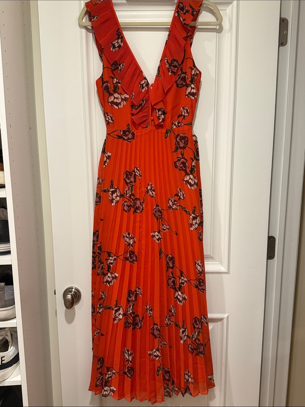 Lulu's Red Floral Pleated Midi Dress with V-Neck Ruffle